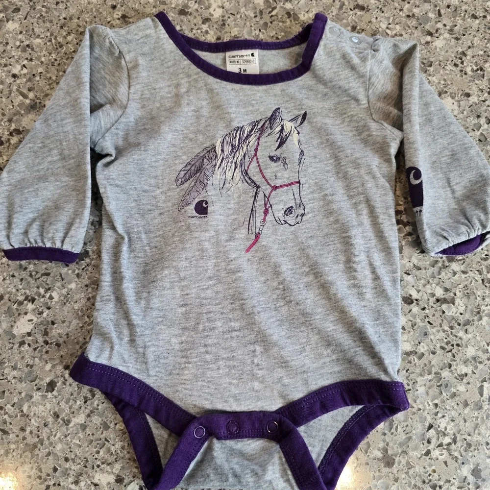 Carhartt Grey Purple‎ Horse Graphic Long Sleeve Bodysuit Baby Girl Size 3M.E117